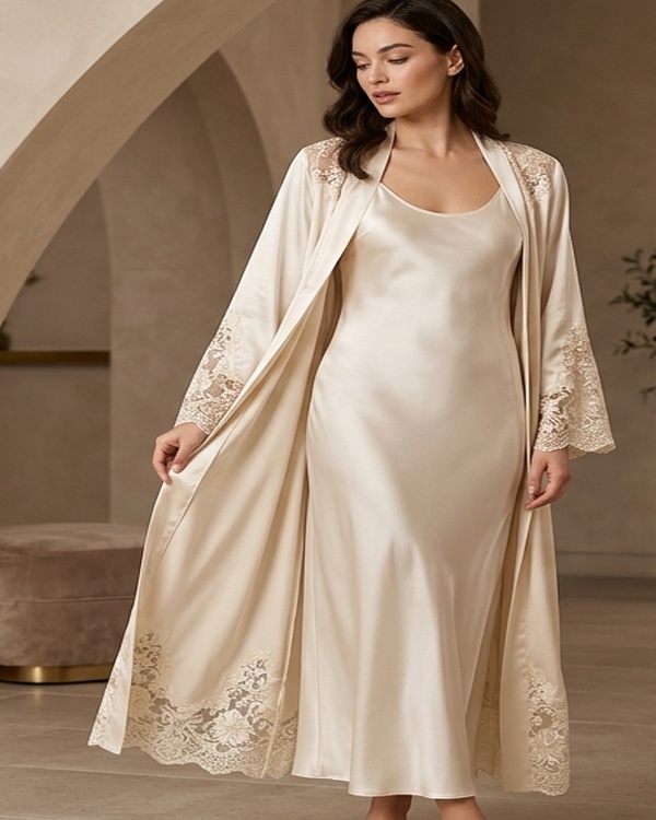 Kuşaklı Uzun Saten Sabahlık & Kimono